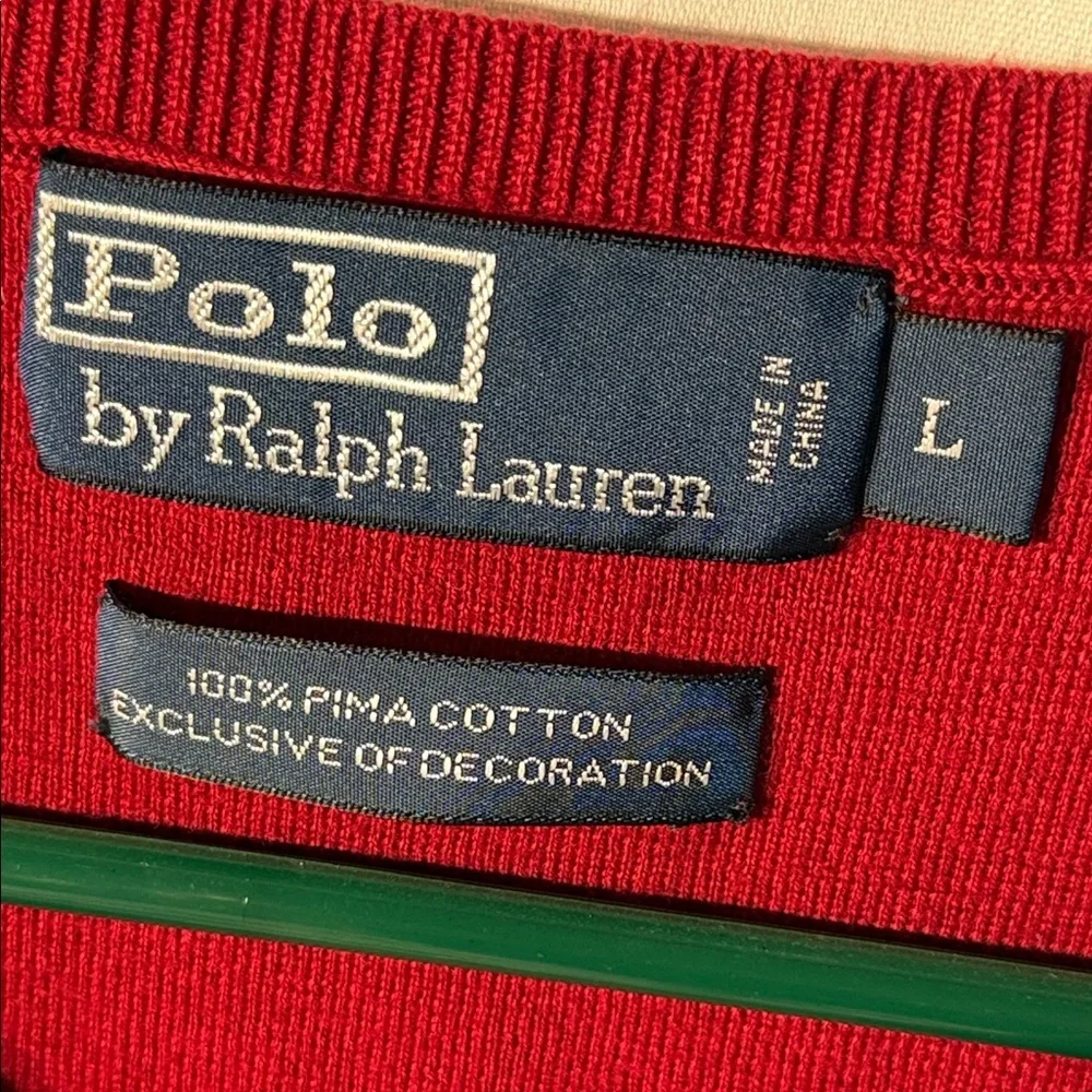 POLO by Ralph Lauren Red Pima Cotton Sweater Vest V-Neck Knit Pullover - Large